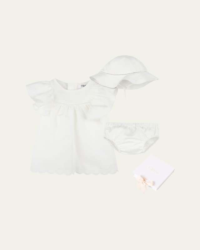 Girl's Floral Embroidered Dress W/ Bloomer And Hat, Size Newborn-